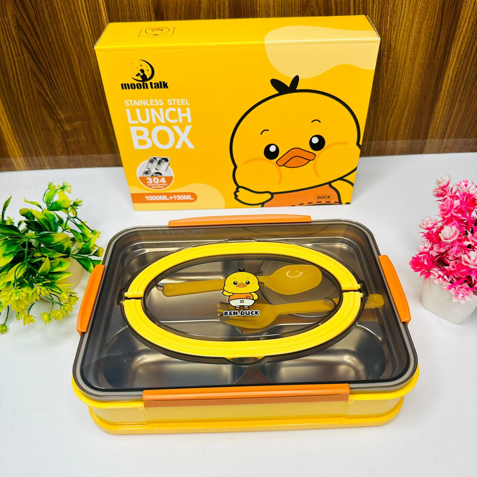 PREMIUM STAINLESS STEEL LUNCH BOX BEN DUCK 🦆 | 4 LOCKS | BPA FREE STAINLESS STEEL - SUS 304 STAINLESS  STEEL | SPOON & FORK INCLUDED PLASTIC SPOON & FORK ALSO INCLUDED WITH SMALL CONTAINER | SEALED SILICA GEL RING